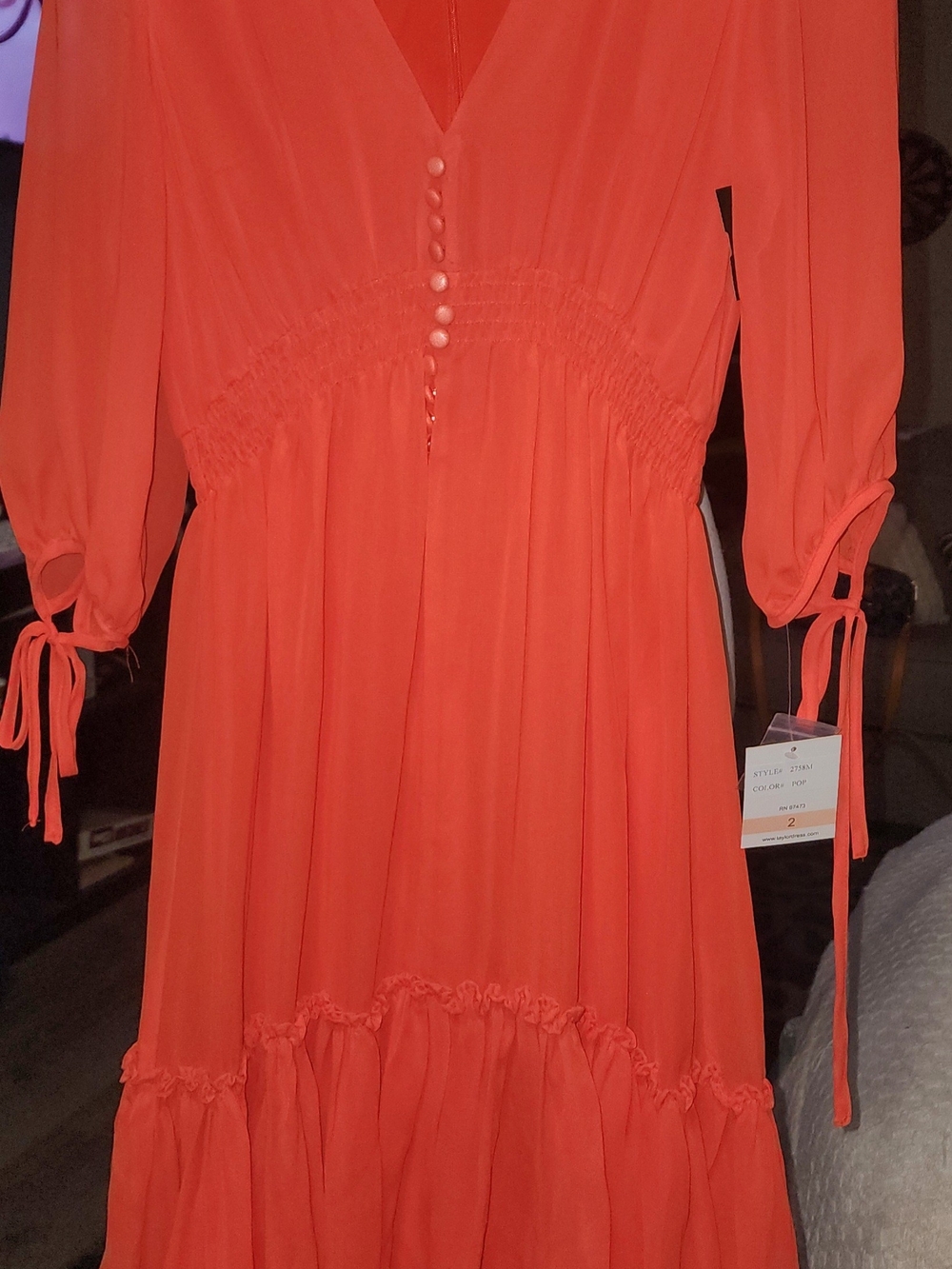 Taylor Girls Orange Tie-Sleeve Tiered Dress Sz 2 NWT